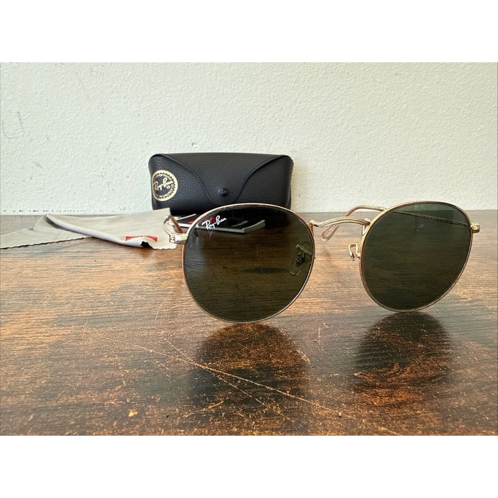 Ray‑Ban RB3447 Round Metal Sunglasses — Model 001 — Size 50‑21 — Green 3N Lenses